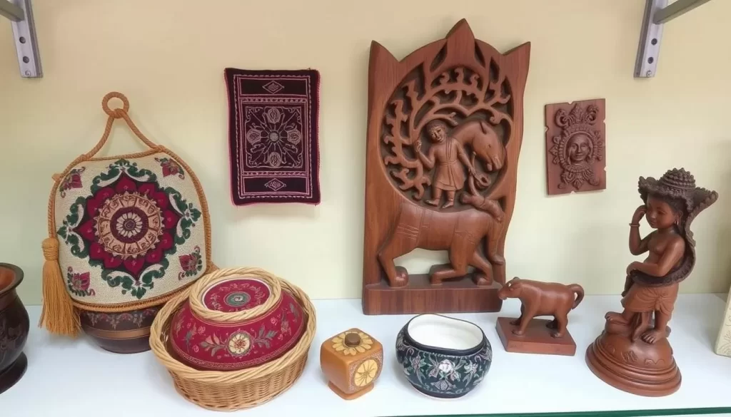 Handcrafted souvenirs in Ooty, including Toda embroidery and Nilgiri wood carvings