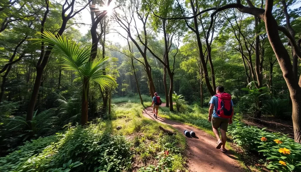 Hike across the lush, verdant trails of Kapas Island, Malaysia. Capture the serene forest landscape, with sunbeams filtering through the canopy of towering trees. Showcase the winding paths that lead hikers through the island's interior, surrounded by the vibrant foliage and bursts of colorful flora. Depict the adventurous spirit of trekkers navigating the peaceful island terrain, immersed in the tranquil atmosphere away from the beach. The image should convey a sense of natural exploration and the hidden gems beyond Kapas Island's renowned coastal allure.