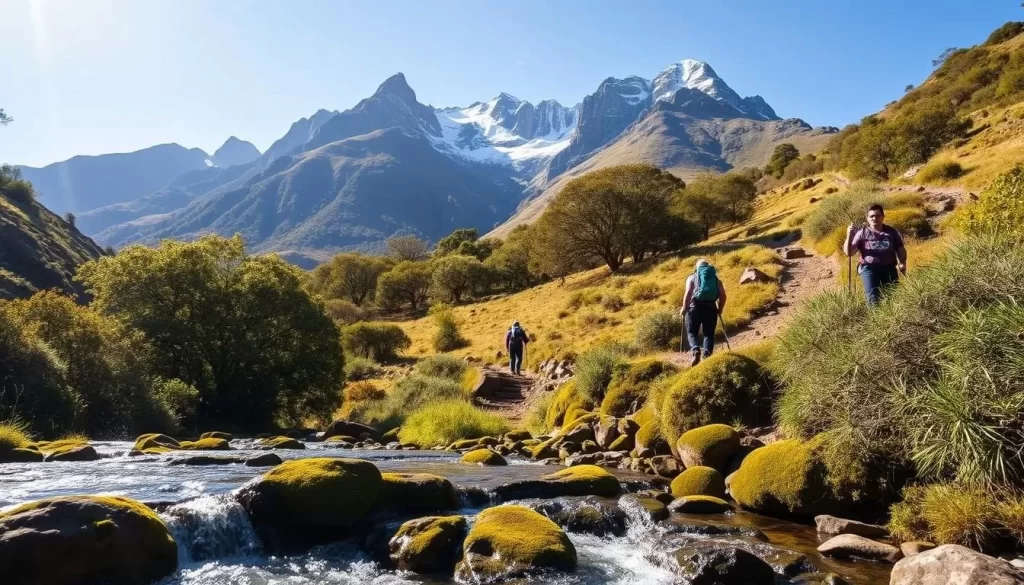 Hiking in a lush, verdant valley of Royal Natal National Park, South Africa. Towering, rugged mountains rise in the distance, their peaks capped with snow. Sunlight filters through the canopy of native trees, casting a warm, golden glow on the winding path ahead. Hikers traverse the trail, their backpacks and trekking poles suggesting an adventurous journey. In the foreground, a crystal-clear stream babbles over mossy rocks, its soothing sounds adding to the serene atmosphere. The scene evokes a sense of exploration, tranquility, and the beauty of the great outdoors.