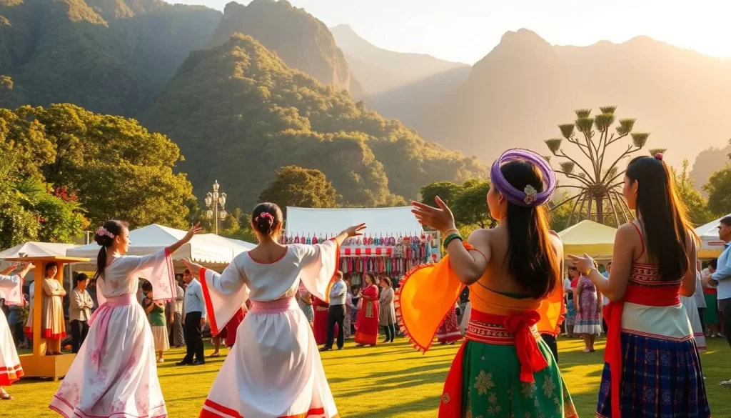 Hualien festival cultural etiquette: a vibrant outdoor celebration in a lush, verdant setting. In the foreground, people in traditional Taiwanese attire gracefully perform ceremonial dances, their movements fluid and purposeful. The middle ground showcases bustling market stalls, filled with handcrafted goods and local delicacies. In the background, towering mountains provide a majestic backdrop, bathed in warm, golden sunlight. The atmosphere radiates a sense of community, tradition, and respect, inviting the viewer to immerse themselves in the rich cultural tapestry of Hualien.