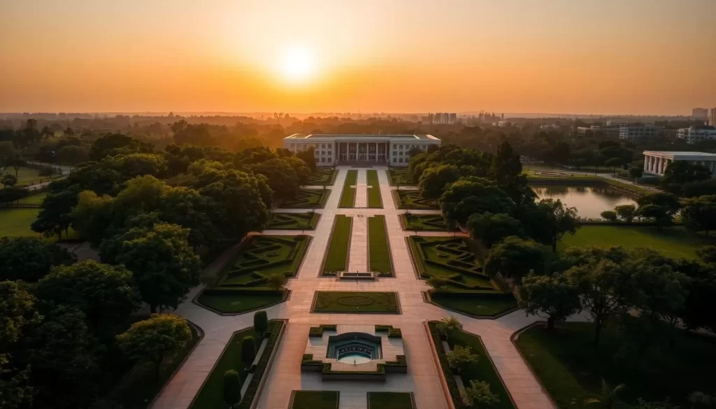Idyllic Chandigarh landscape in golden hour light, with lush green gardens, serene lakes, and manicured boulevards flanked by towering trees. Capture the tranquil atmosphere of the "City Beautiful" as the sun casts a warm glow over the harmonious modernist architecture. Focus on the interplay of natural and man-made elements, showcasing the city's unique blend of natural beauty and urban sophistication. Utilize a wide-angle lens to frame the scene, emphasizing the spacious, open feel of the city. Convey the inviting, comfortable ambiance that makes Chandigarh an alluring destination, especially during the pleasant weather of the most suitable months.