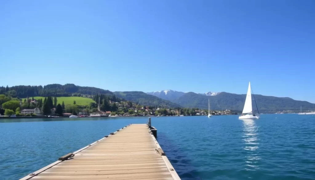 Idyllic lakeside scenery on a sunny day. In the foreground, a picturesque pier stretching into the calm, azure waters of Lake Constance. Sailboats gently bob on the surface, their white sails reflecting the bright sunlight. The middle ground features lush, rolling hills dotted with charming villages, their colorful houses and church steeples peeking through the verdant foliage. In the distance, the majestic Alps rise up, their snow-capped peaks touching the bright blue sky. The overall mood is one of serenity and natural beauty, inviting the viewer to imagine themselves strolling along the lake's edge or embarking on a leisurely boat ride.