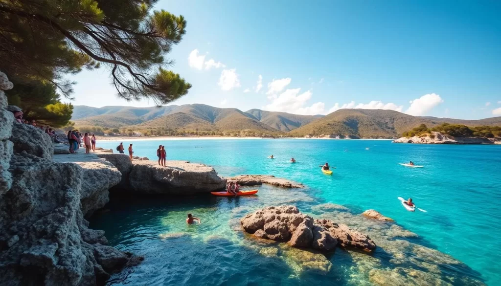 Idyllic scene of Suluada Island, Turkey, showcasing its breathtaking natural beauty. Capture the crystal-clear turquoise waters of the Aegean Sea lapping against the rugged, sun-dappled cliffs. Depict groups of people enjoying various water activities, from swimming and snorkeling to kayaking and stand-up paddleboarding. In the background, rolling green hills dotted with pine trees create a serene, picturesque landscape. Bright sunlight filters through wispy clouds, casting a warm, golden glow over the entire scene. Convey a sense of tranquility, adventure, and the ultimate Mediterranean island escape.