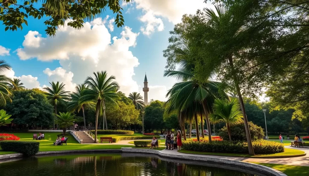 Idyllic tropical park in Putrajaya, Malaysia, bathed in warm afternoon sunlight. Lush, verdant foliage of palm trees and flowering shrubs lining winding pathways, inviting visitors to stroll and explore. In the foreground, a tranquil pond reflects the azure sky and fluffy white clouds above. Families and friends gather on benches, enjoying the peaceful ambiance. The middle ground reveals a towering minaret in the distance, a distinctive architectural landmark. Overall, a serene and picturesque scene that captures the essence of Putrajaya's vibrant green spaces.