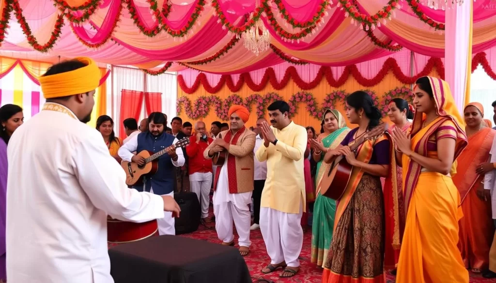 Image generation prompt: A Gujarati cultural event in Delaware, featuring traditional Indian music and dance.