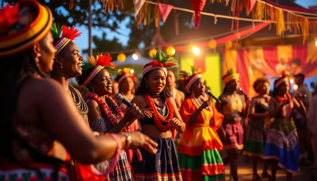 Image generation prompt: A Haitian cultural festival in Delaware, showcasing the community's music, dance, and art.