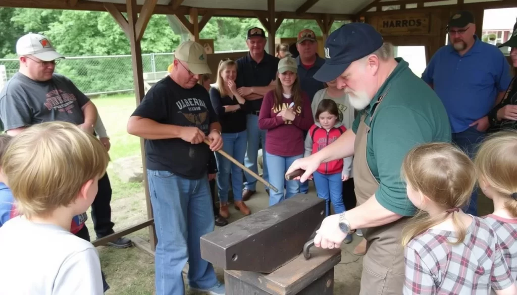 Image generation prompt: A blacksmith demonstrating their craft at Hardy Homesteaders Day, with visitors watching and participating in the activity.
