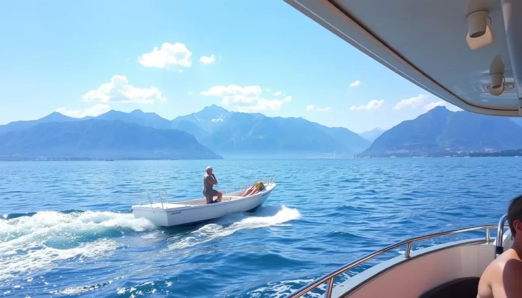 Image generation prompt: A boat tour on Lake Constance with the Alps in the background