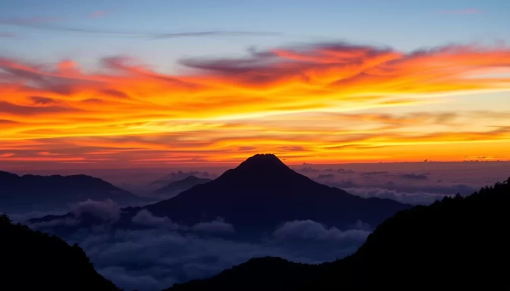 Image generation prompt: A breathtaking sunset over Mount Kinabalu with vibrant colors in the sky