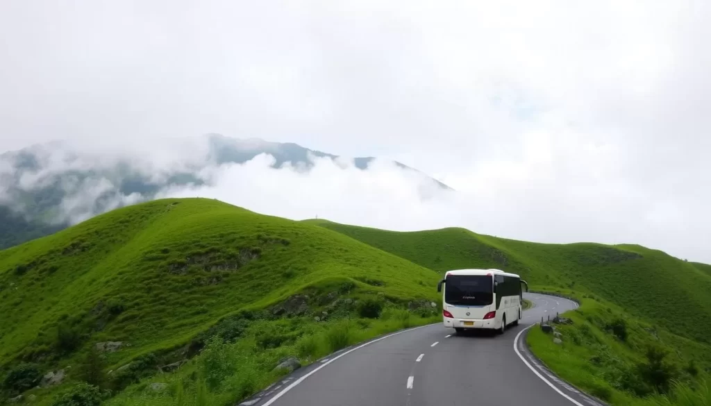 Image generation prompt: A bus driving on the road to Cameron Highlands