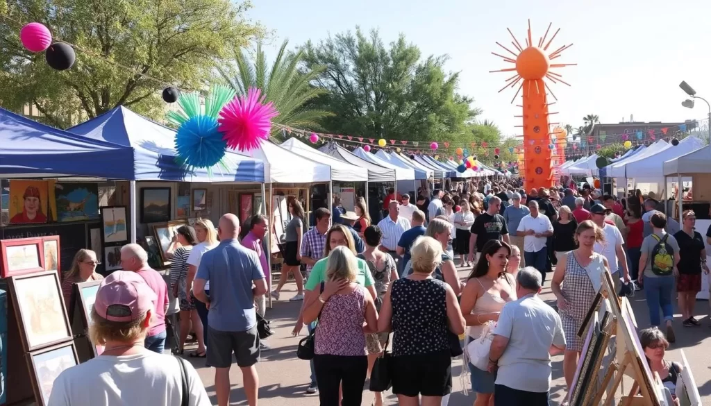 Image generation prompt: A bustling outdoor art festival scene at the Tempe Festival of the Arts, with artists displaying their work and attendees enjoying the event.