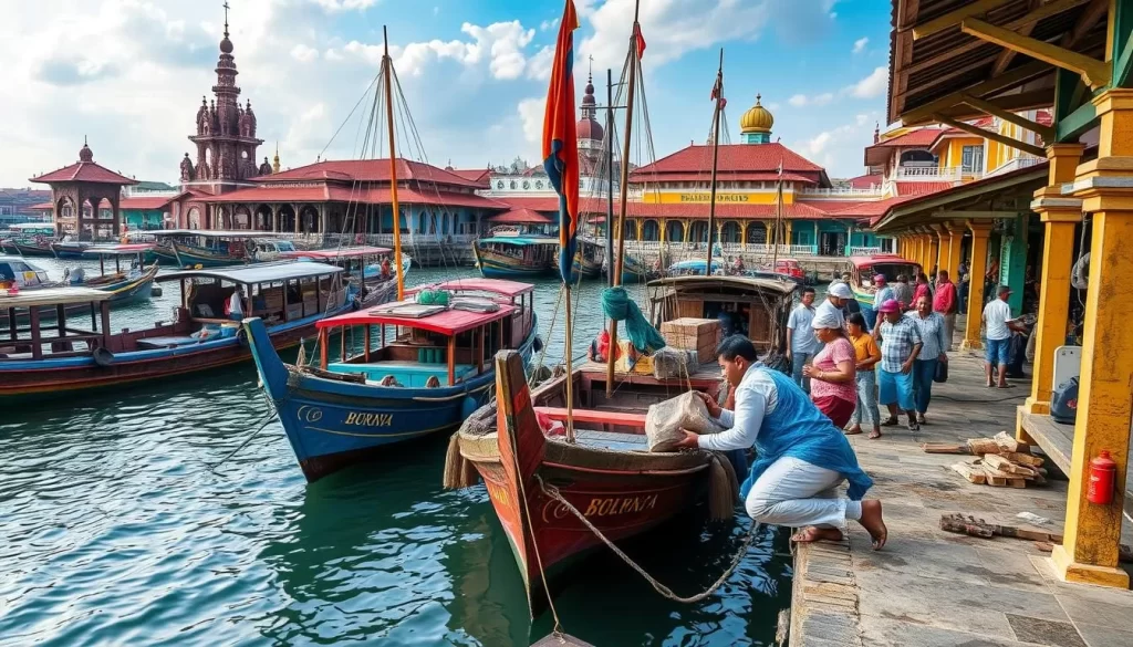 Image generation prompt: A bustling scene at Sunda Kelapa Port with traditional Bugis pinisi ships docked and cargo being unloaded.