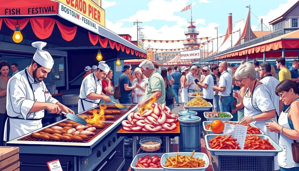 Image generation prompt: A bustling scene at the Boston Fish Pier during the Seafood Festival, with chefs cooking on grills and people enjoying seafood.