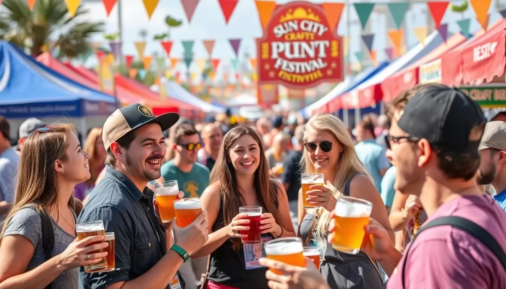 Image generation prompt: A bustling scene at the Sun City Craft Beer Festival, with attendees enjoying craft beer samples and the lively atmosphere.