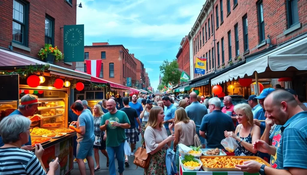 Image generation prompt: A bustling street in Boston's North End during an Italian feast, with people enjoying food and festivities.
