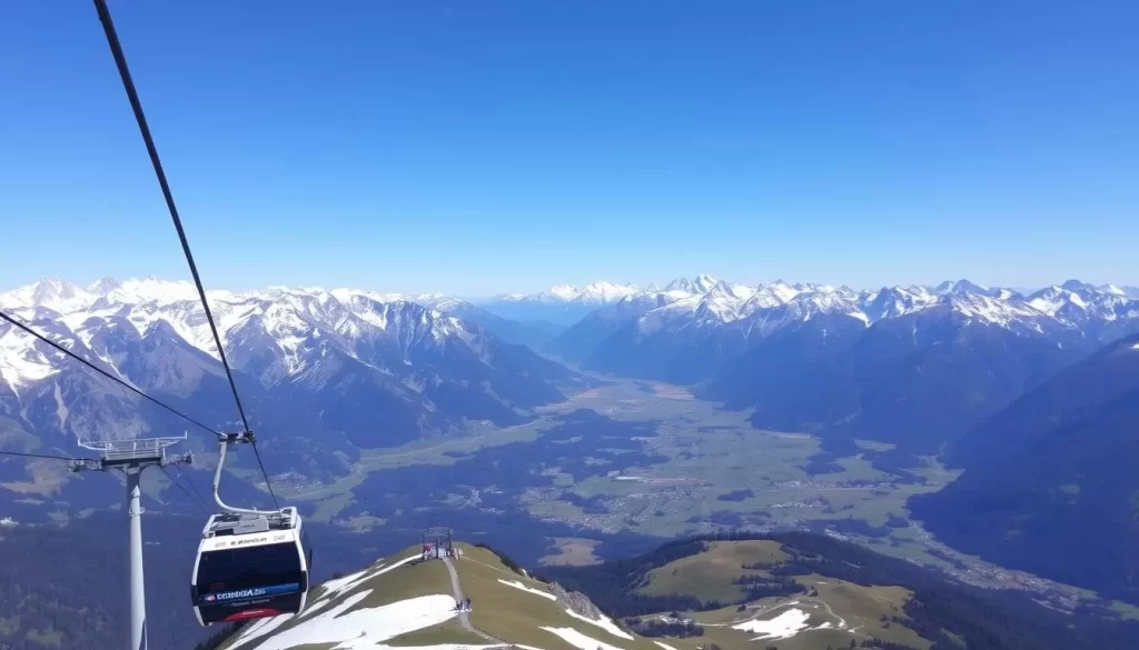 Image generation prompt: A cable car ride with panoramic views of the Alps