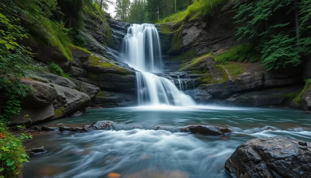 Image generation prompt: A charming waterfall in the Black Hills with a natural, serene atmosphere.