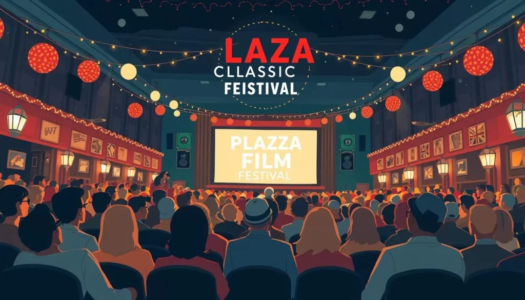 Image generation prompt: A classic movie screening at the Plaza Classic Film Festival, with a large audience and a nostalgic atmosphere.