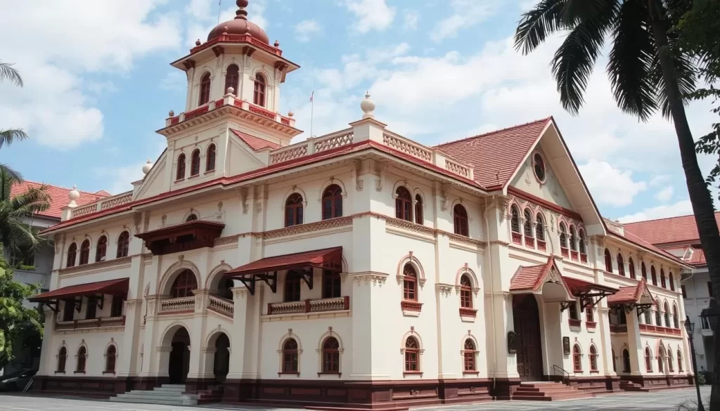 Image generation prompt: A colonial building with a mix of Malay and Western architectural elements, now housing the Sultan Abdul Aziz Royal Gallery.