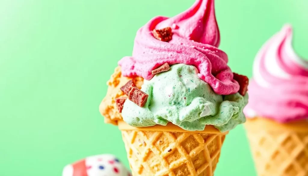 Image generation prompt: A colorful ice cream cone from King's Homemade Ice Cream