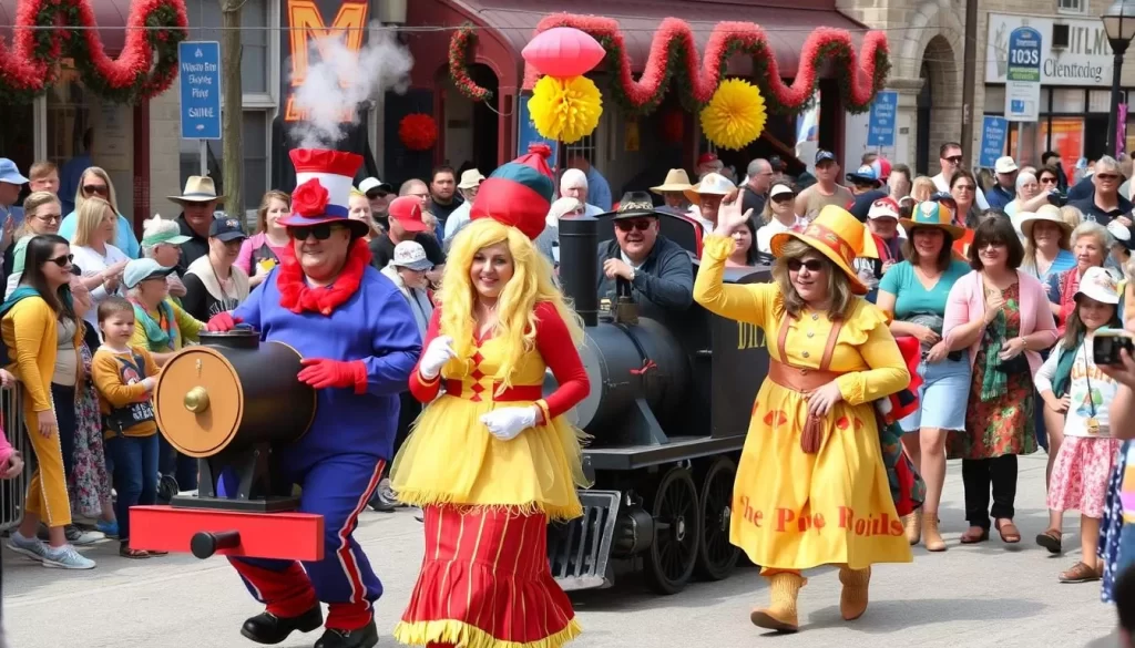 Image generation prompt: A colorful parade scene at Pufferbilly Days in Boone, Iowa, with participants in railroad-themed costumes.