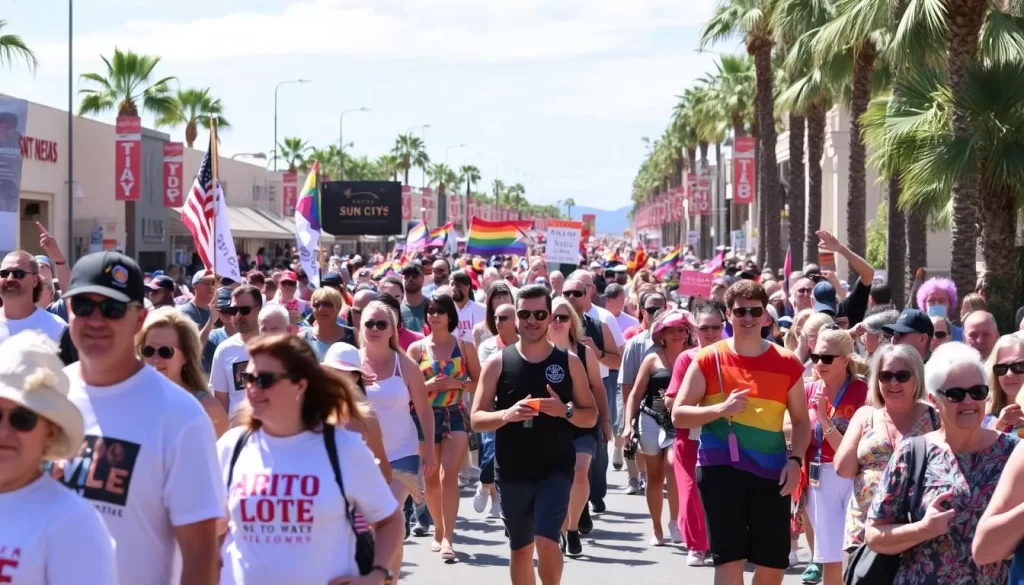 Image generation prompt: A colorful parade scene during the Sun City Pride Festival, with participants and spectators celebrating diversity.