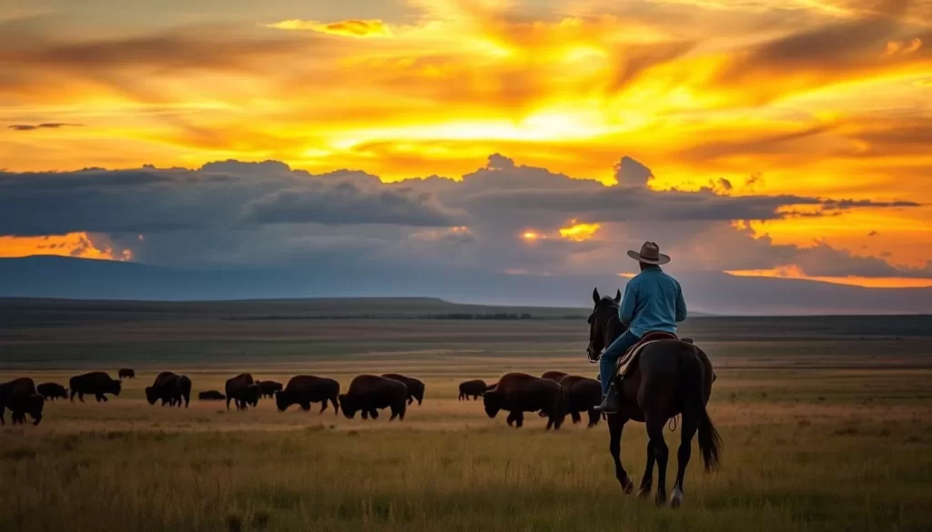 Image generation prompt: A cowboy on horseback rounding up bison in an open field at Custer State Park