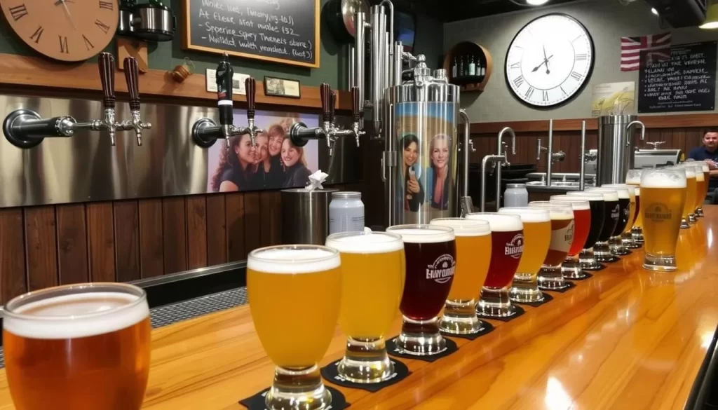Image generation prompt: A cozy brewery with a large selection of beers on tap and a warm atmosphere.