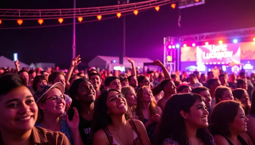 Image generation prompt: A crowd enjoying live music at the Lucknow Music Festival in Dunn, NC.
