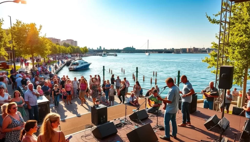 Image generation prompt: A crowded waterfront park with a stage featuring blues musicians performing on a sunny summer day.
