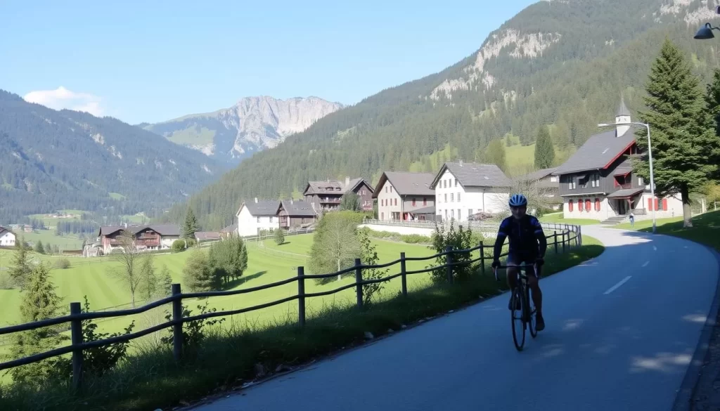 Image generation prompt: A cyclist on a scenic route in Vorarlberg with a charming village in the background