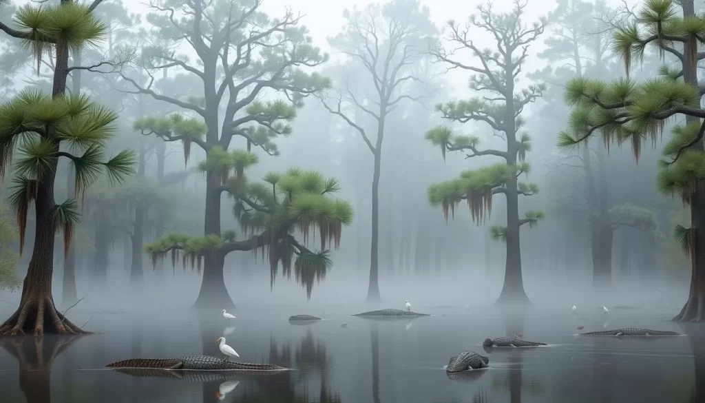Image generation prompt: A cypress swamp with towering trees and a misty atmosphere, featuring wildlife such as alligators or birds.
