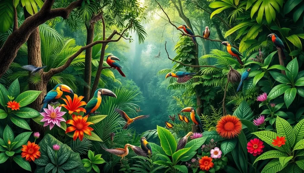 Image generation prompt: A dense rainforest scene within Endau-Rompin Peta Johor National Park with diverse flora and fauna.