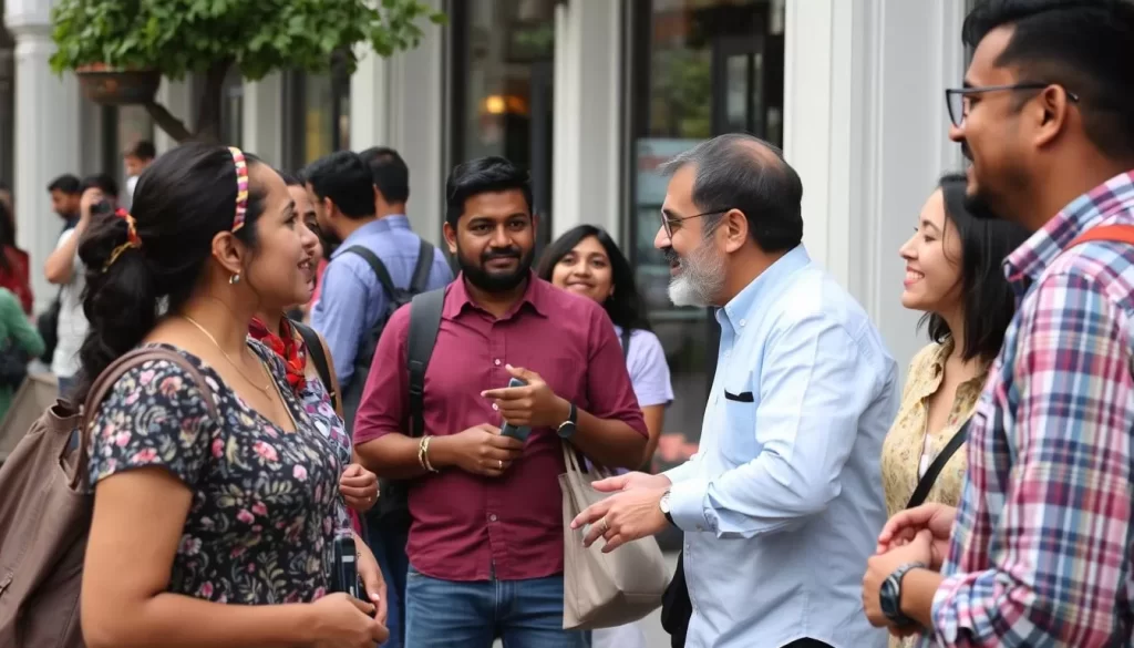 Image generation prompt: A diverse group of people from different ethnic backgrounds communicating in various languages in a public space in Maryland.