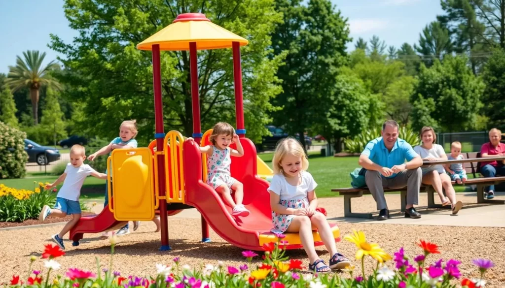 Image generation prompt: A family enjoying a day at Page Park, with children playing at the playground and adults relaxing in the picnic area.