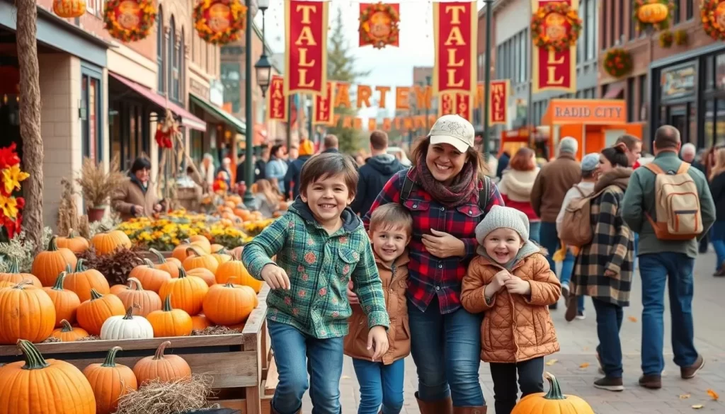 Image generation prompt: A family enjoying a fall festival with pumpkins and autumn decorations in downtown Rapid City