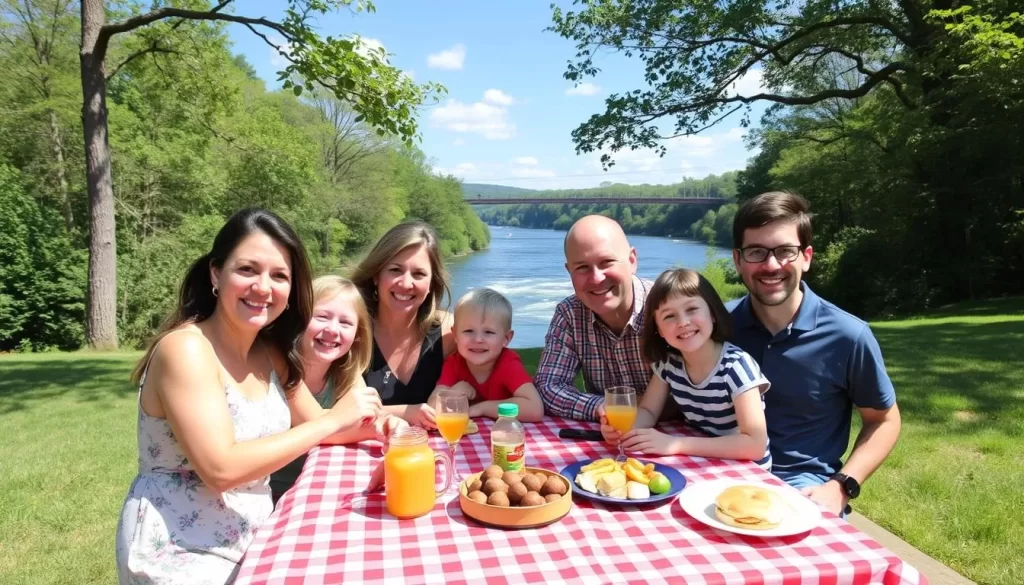 Image generation prompt: A family enjoying a picnic at McFarland Park with the Tennessee River in the background.