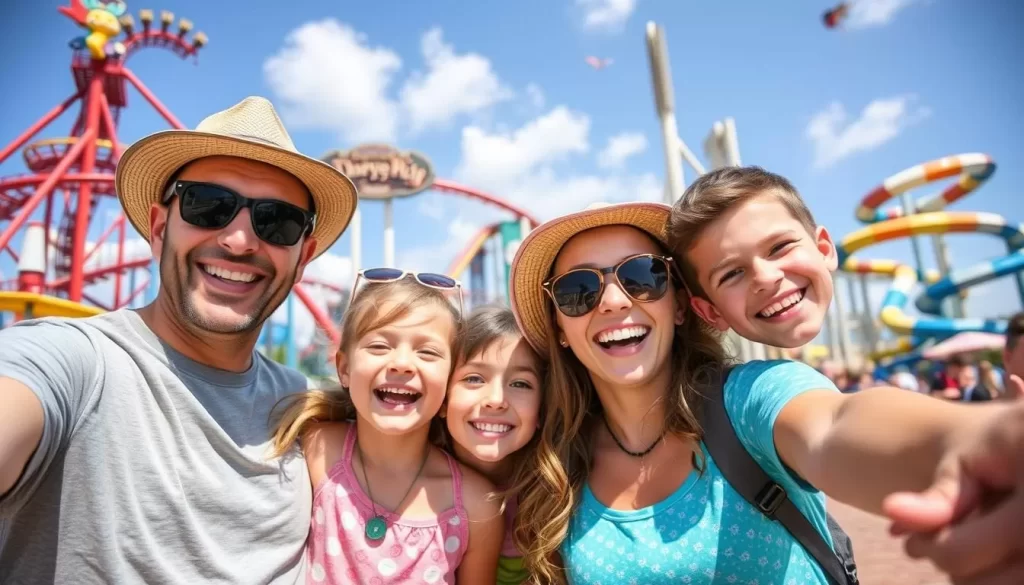 Image generation prompt: A family enjoying a sunny day at Dorney Park & Wildwater Kingdom, with roller coasters and water slides in the background.