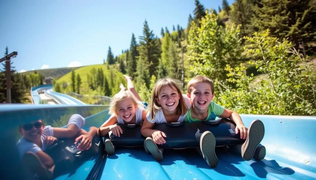Image generation prompt: A family enjoying the Alpine Slide in Park City during summer