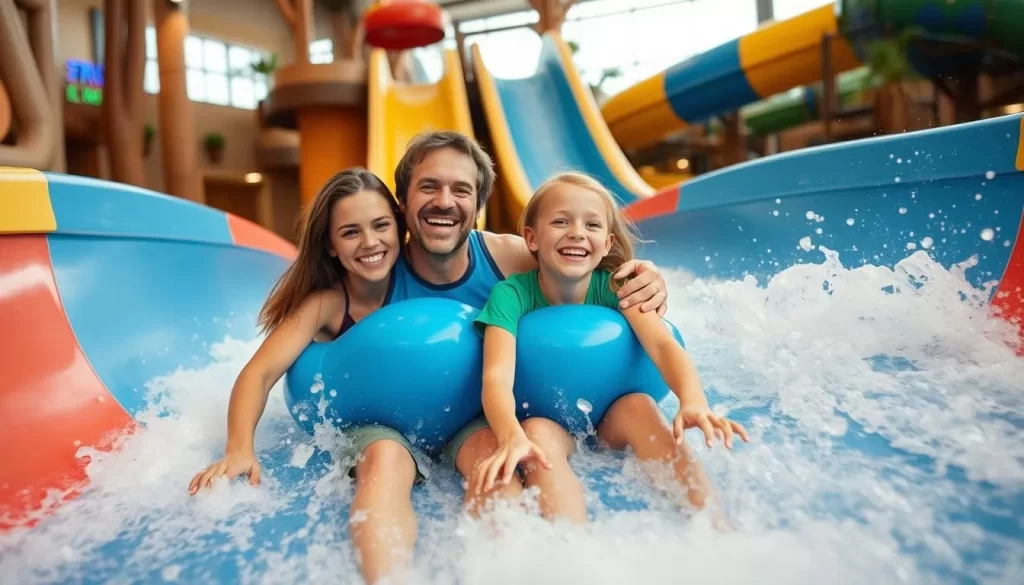Image generation prompt: A family enjoying the water slides at Tropic Falls indoor water park in Foley, Alabama.