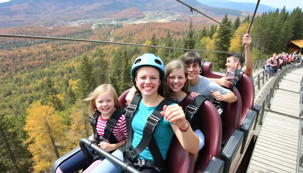 Image generation prompt: A family enjoying the zipline and mountain coaster at Rush Mountain Adventure Park