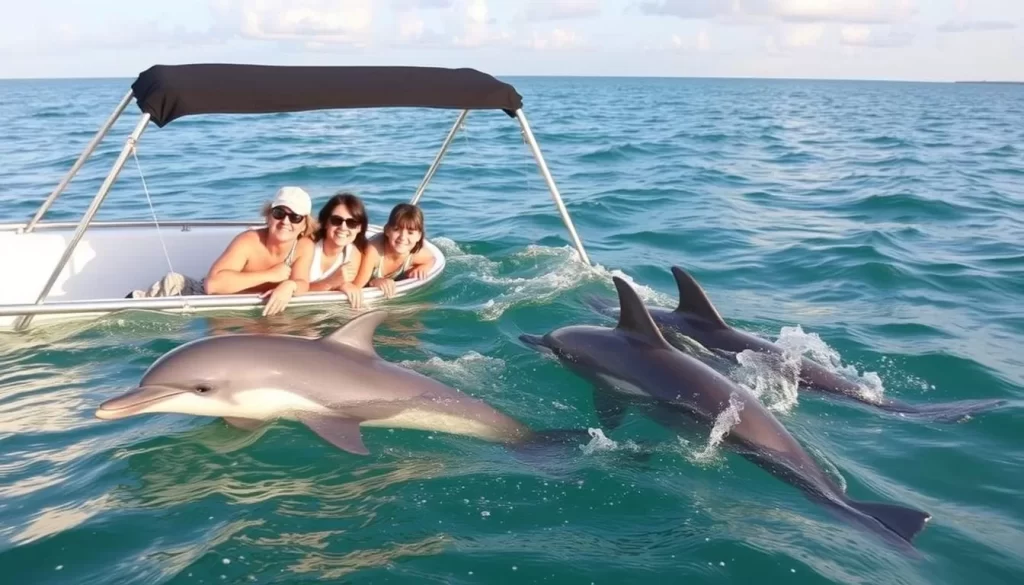 Image generation prompt: A family on a dolphin cruise in the Gulf Coast, with dolphins swimming alongside the boat.
