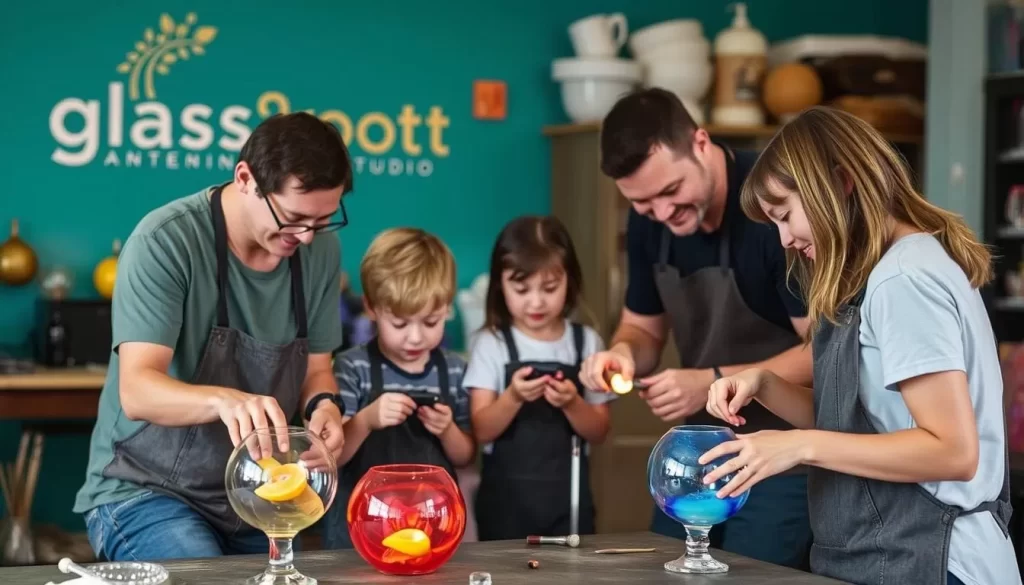 Image generation prompt: A family participating in a glassblowing class at GlassRoots Studio.