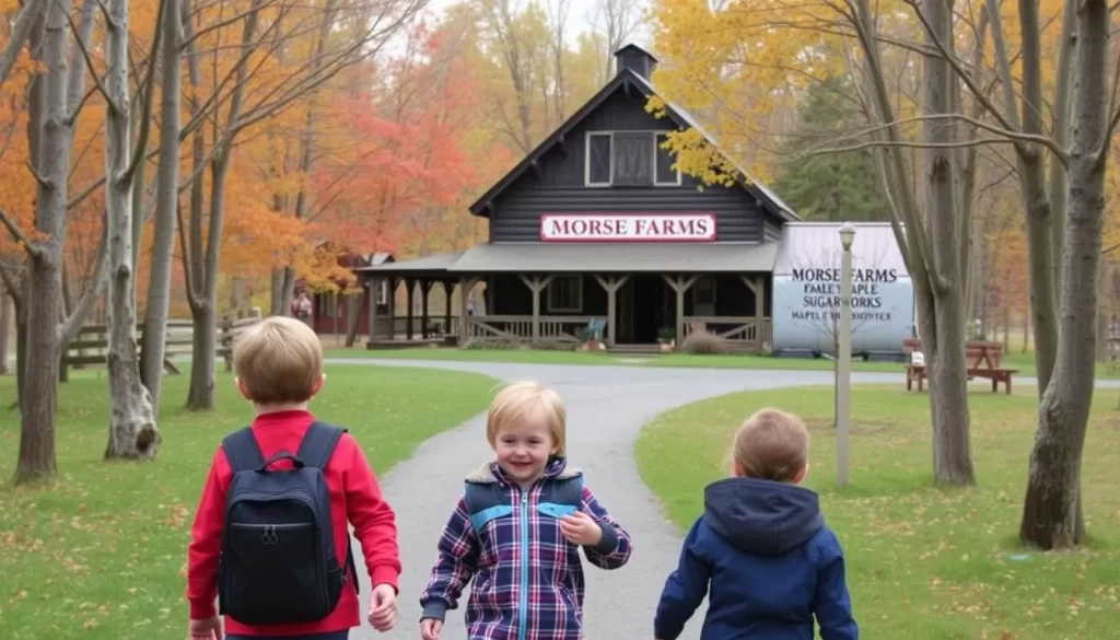 Image generation prompt: A family visiting Morse Farm Maple Sugarworks, with a backdrop of maple trees and a sugarhouse.