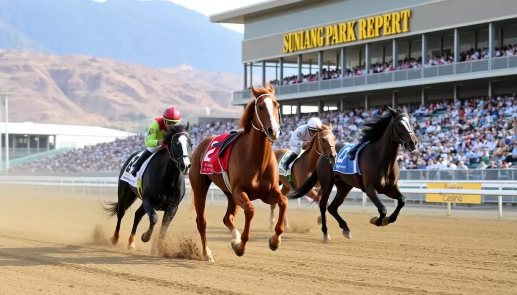 Image generation prompt: A fast-paced horse race at Sunland Park Racetrack and Casino with the grandstands in the background.