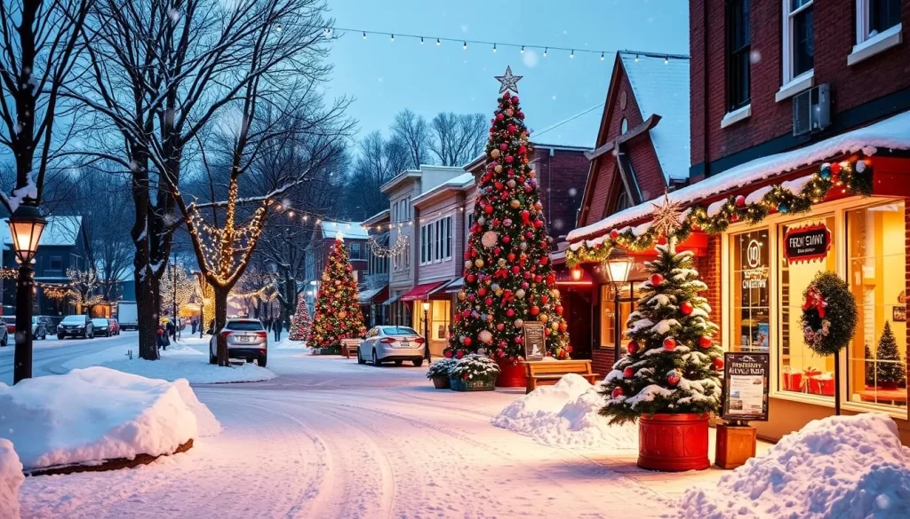 Image generation prompt: A festive winter scene in St. Johnsbury, Vermont, with decorations and snowflakes