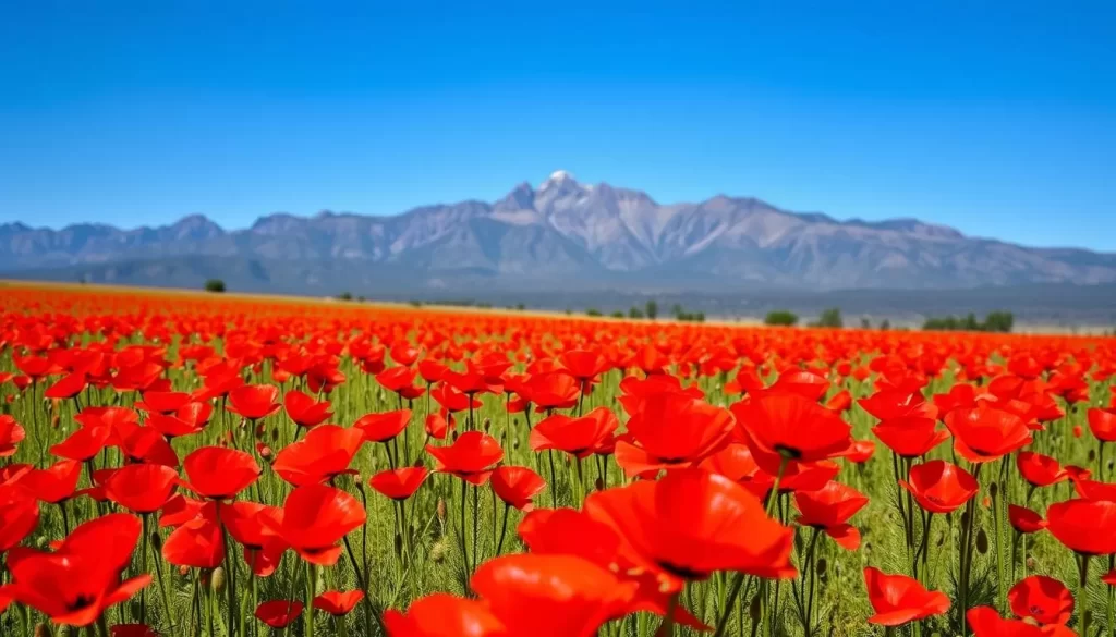 Image generation prompt: A field of vibrant poppies in bloom in the Franklin Mountains, with mountains in the background.