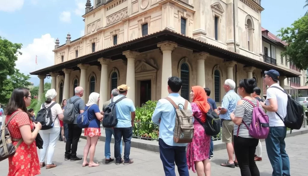 Image generation prompt: A group of tourists on a guided heritage walk in Klang, stopping at a historical building.