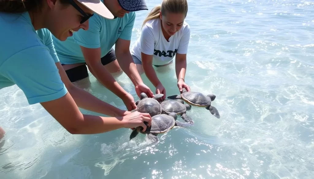 Image generation prompt: A group of volunteers releasing baby turtles into the ocean at the Juara Turtle Project.