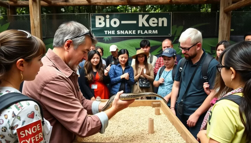 Image generation prompt: A guided tour at the Bio-Ken Snake Farm with a herpetologist handling a snake.
